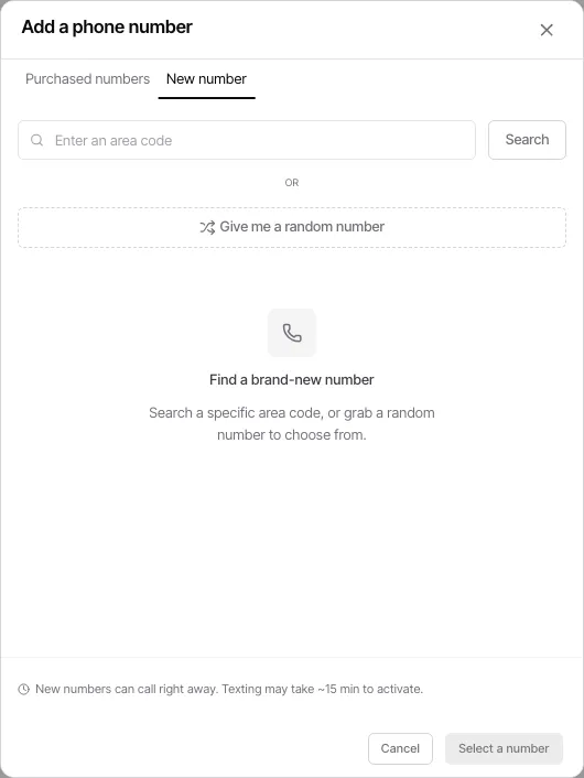 The current Add a phone number dialog on its New number tab, where you can search by area code or request a random number before selecting one.