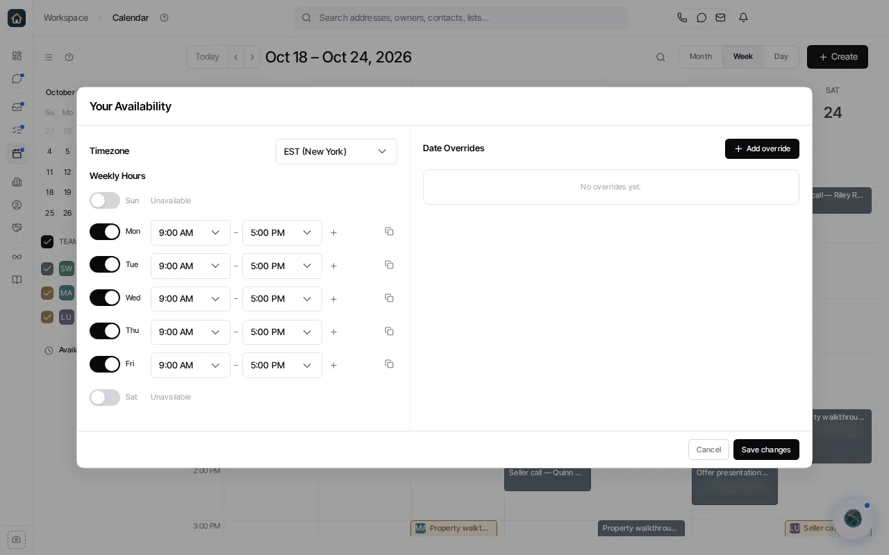 The current Calendar availability editor contains weekly hours, date overrides, and the Save changes action