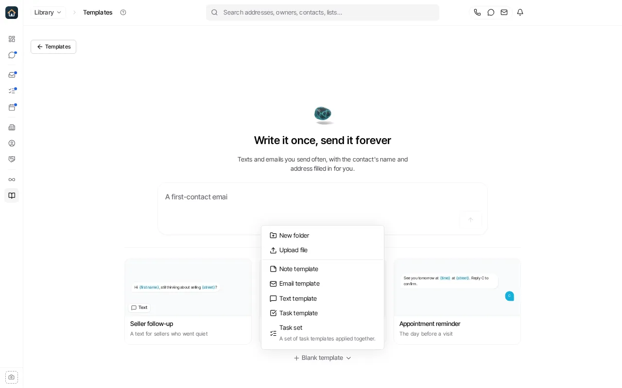 The Templates New page with the Blank template menu open, listing Note template, Email template, Text template, Task template and Task set.