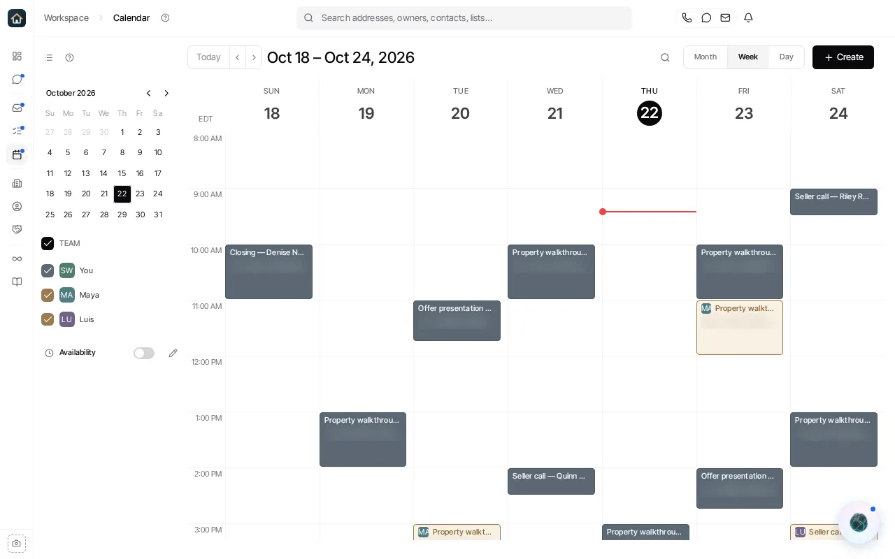 The current Calendar workspace shows the view controls, date navigation, team selector, and availability controls