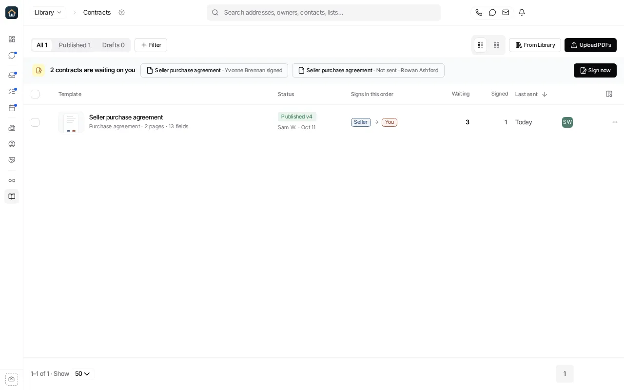Library’s Contracts section, with the All, Published and Drafts tabs, the New contract button, and a published template.