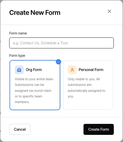 The current Create New Form dialog, where you name the form, select Org Form or Personal Form, and can stop before creating it.