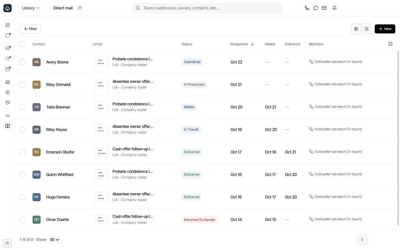 Library’s Direct mail section, listing each letter with its contact, status, requested, mailed and delivered dates, and workflow.