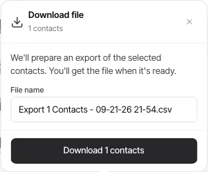 The Download file prompt showing the selected-contact count and filename field
