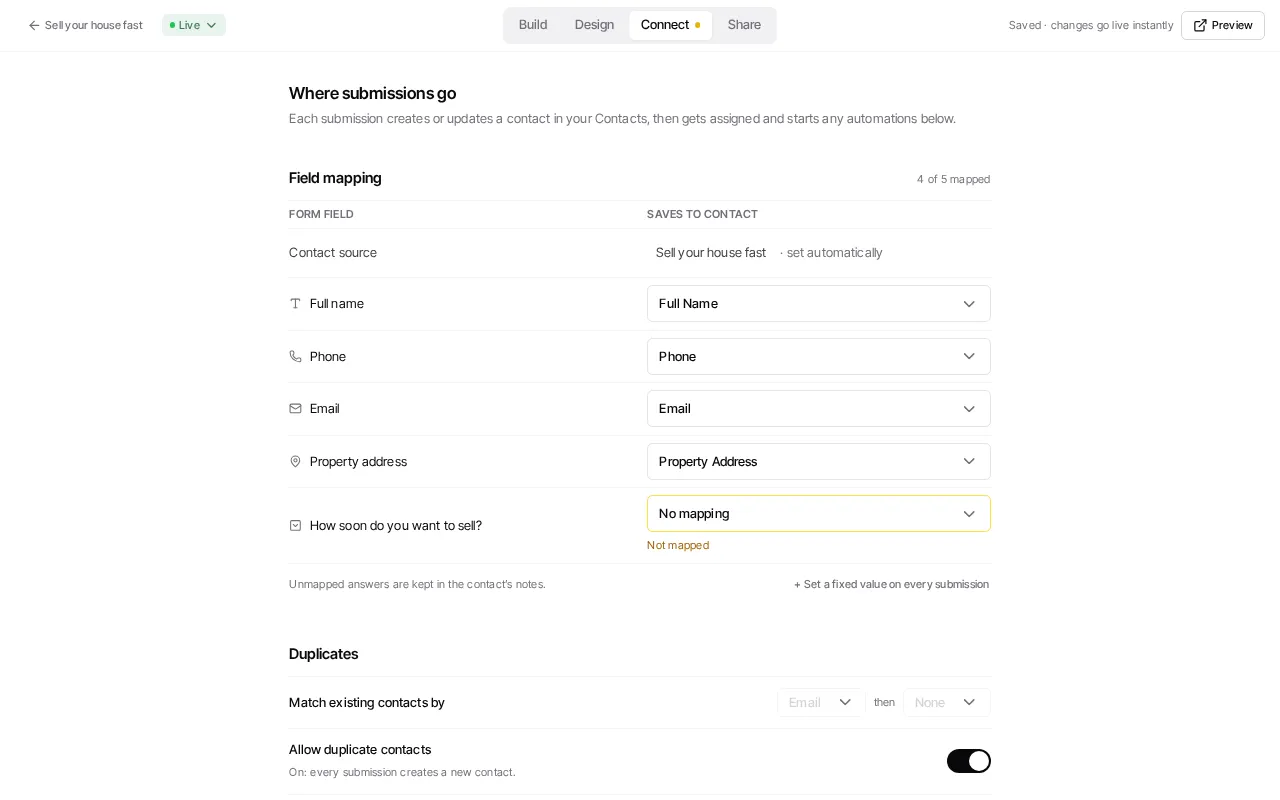 The Connect step maps collected fields and shows routing controls for tags, lists, employees, workflows, deals, and notifications