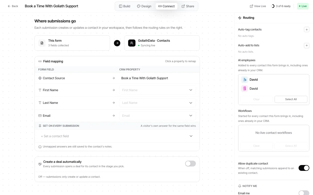 The form builder’s current Connect screen. The Workflows section only offers live contact workflows; this demo workspace currently has none available.