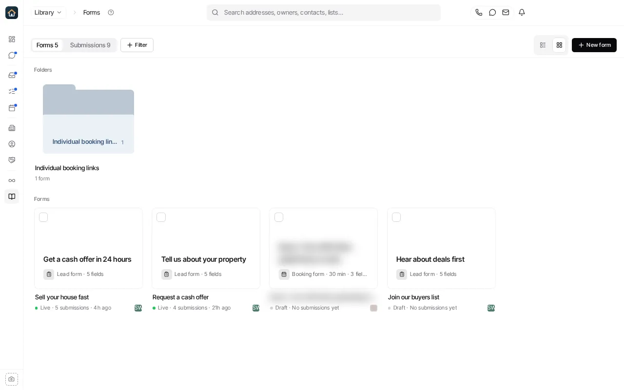 Library’s Forms section, with the Forms and Submissions tabs, Filter, a folder, and form cards showing whether each is live and how many submissions it has.