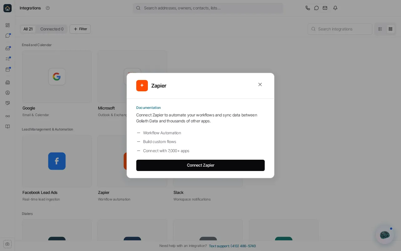 The Zapier card opened from Integrations, with Connect Zapier.