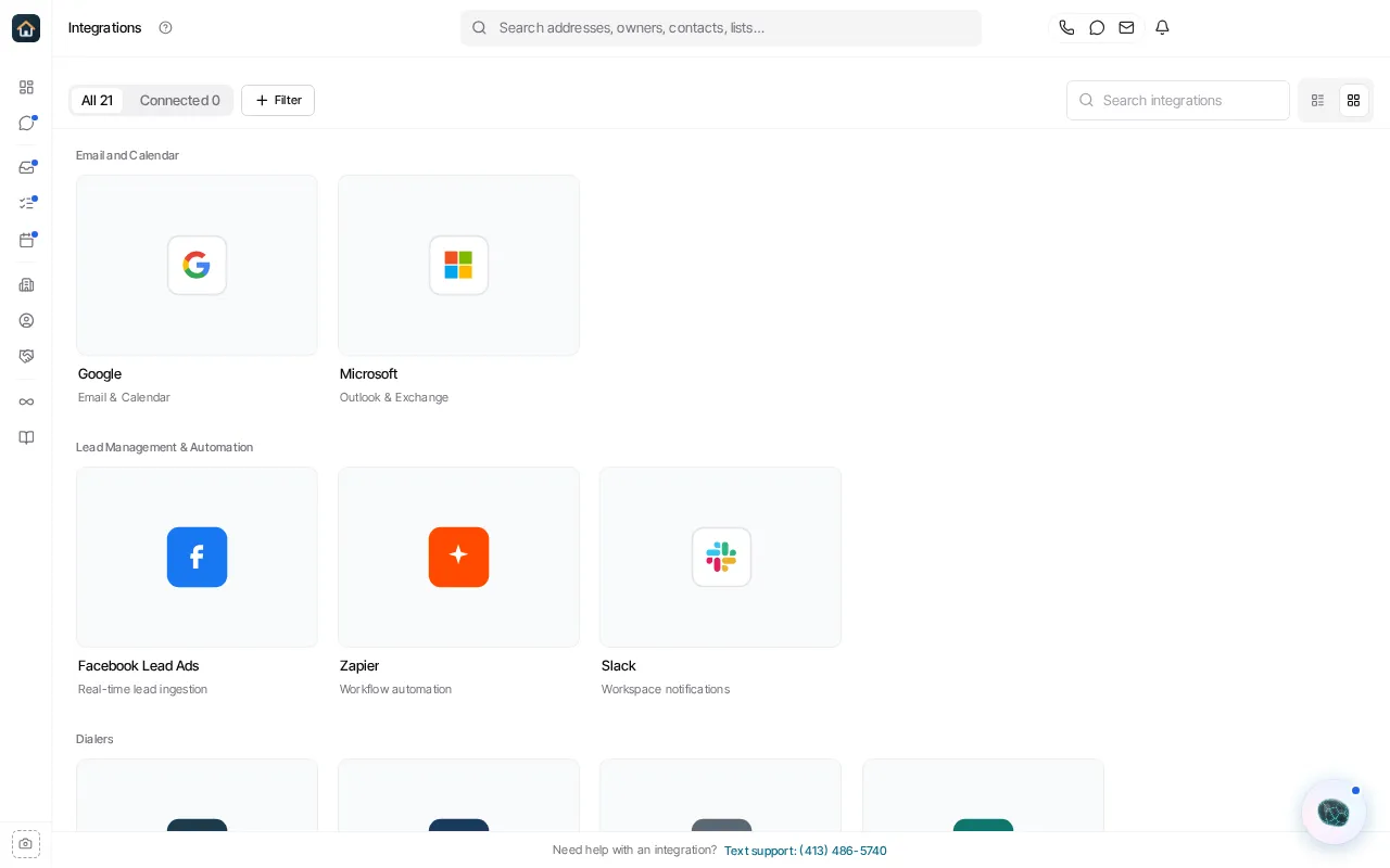The Integrations page, with Google and Microsoft under Email and Calendar