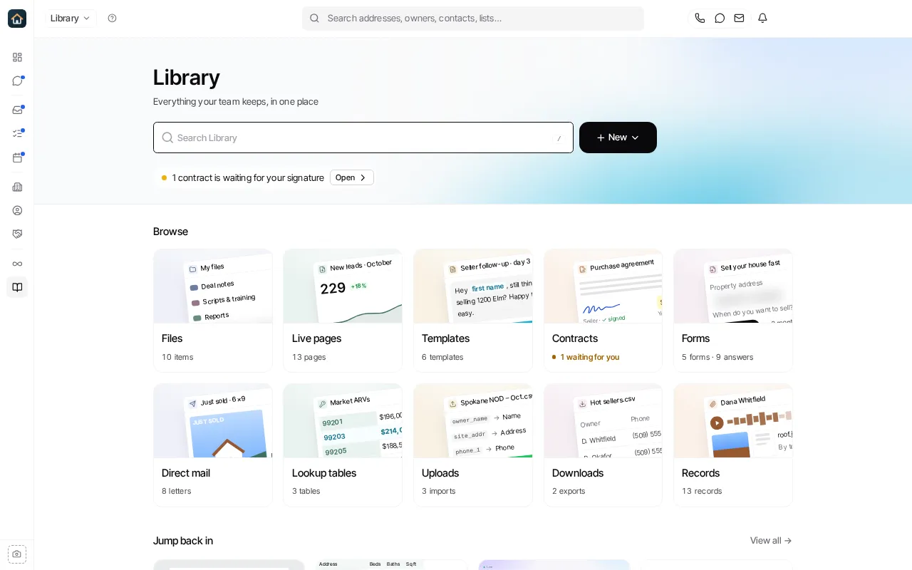The Library home page, with the search box, the New button, a Needs you line, and the Browse cards for each section.