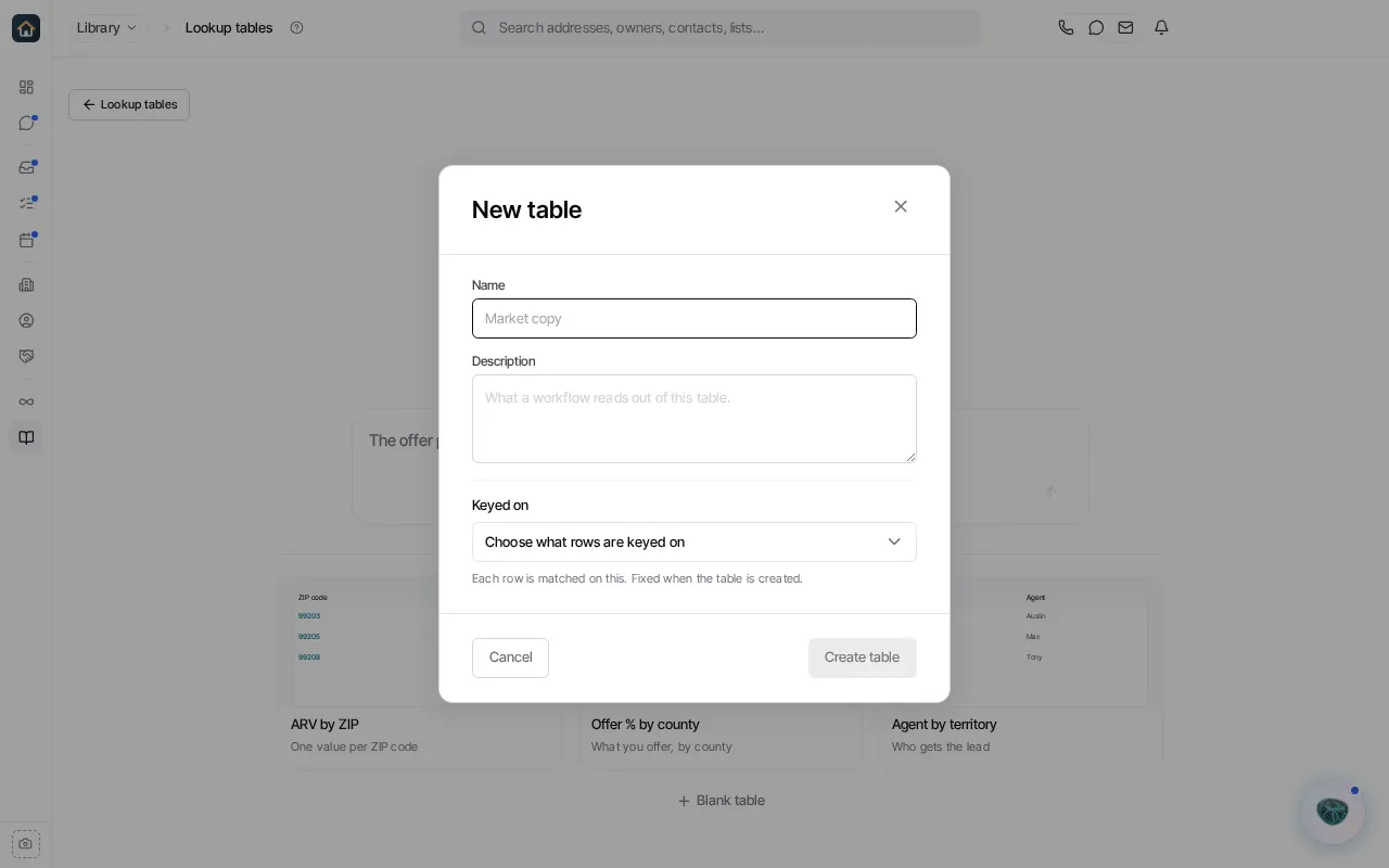 The New table dialog that Blank table opens, which needs a name and a key before Create table is available
