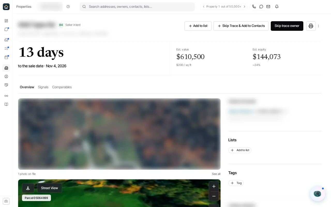 The top of a property record: the address and its actions, the countdown band with the key numbers, and the Overview, Signals and Comparables tabs above the photo and map.
