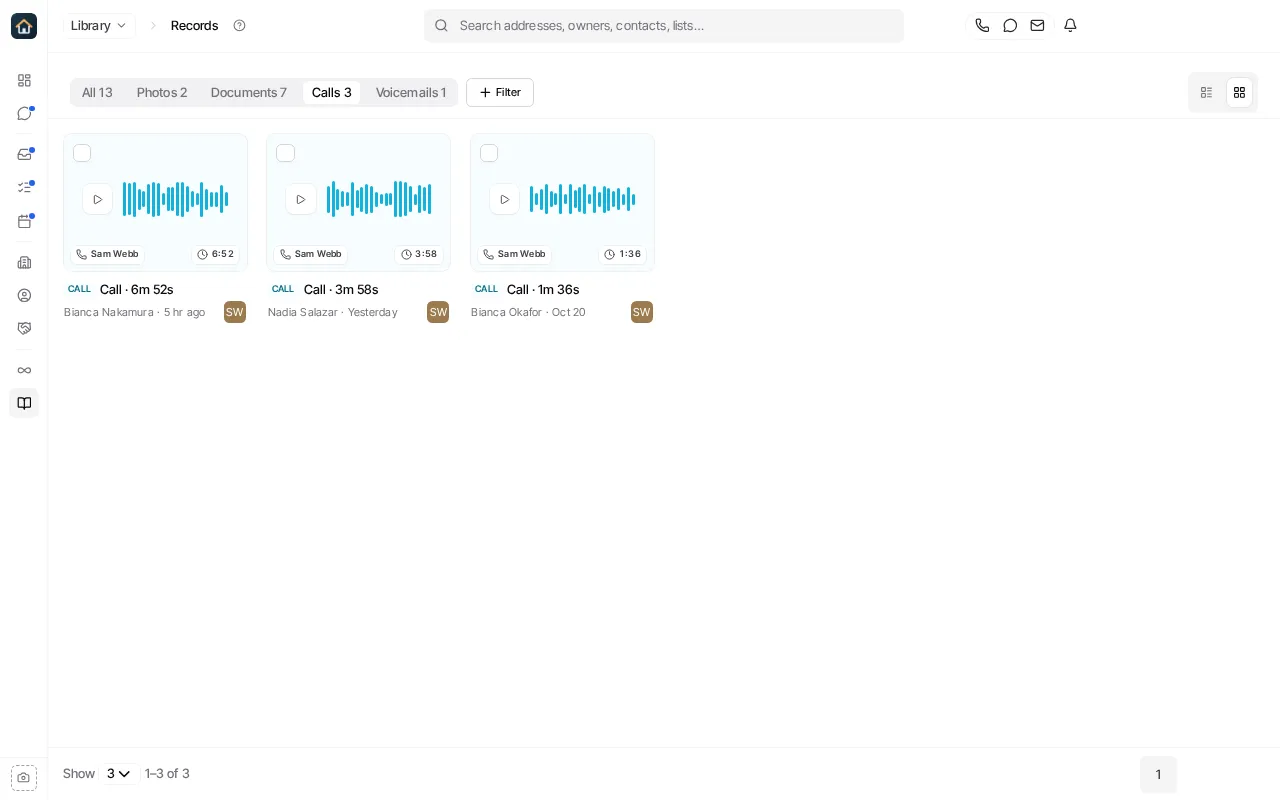 Library’s Records section on the Calls tab, with the All, Photos, Documents, Calls and Voicemails tabs.