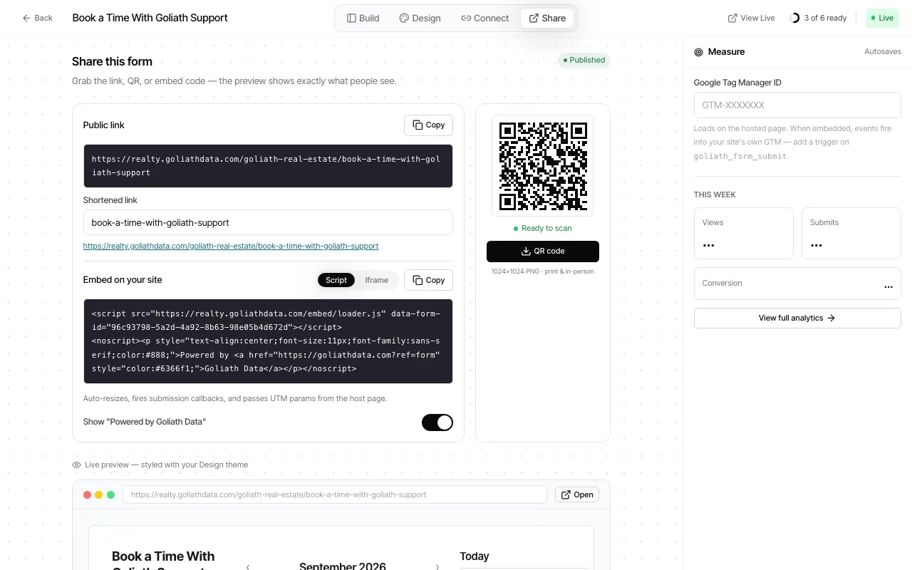 The current Share step with the hosted link, QR code, script embed, live preview, and measurement controls.