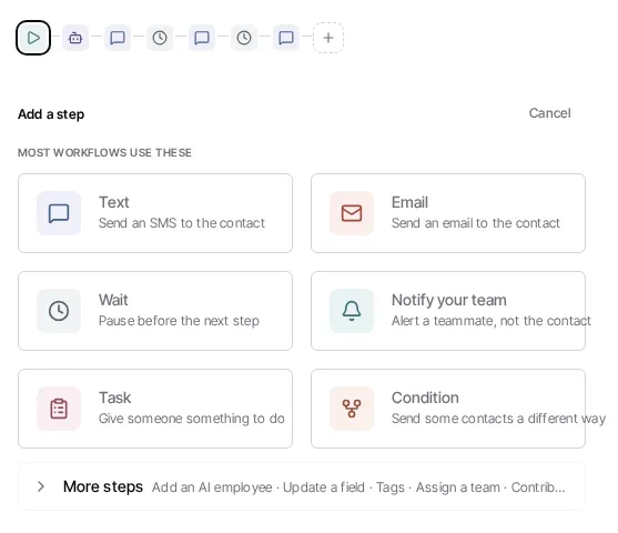 The Add a step chooser in the Steps tab, with Wait and Condition among the steps most workflows use