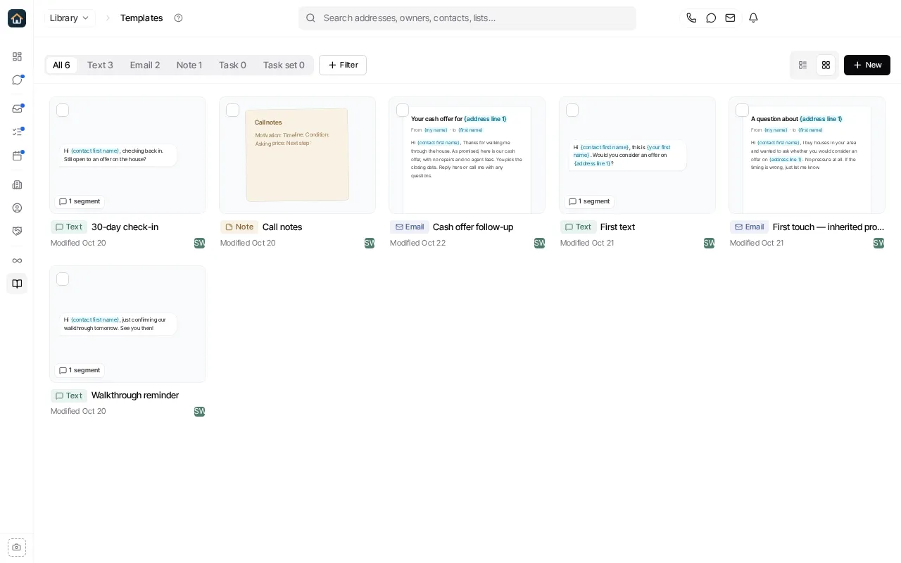 Library’s Templates section, with the All, Text, Email, Note, Task and Task set tabs, Filter, and New.