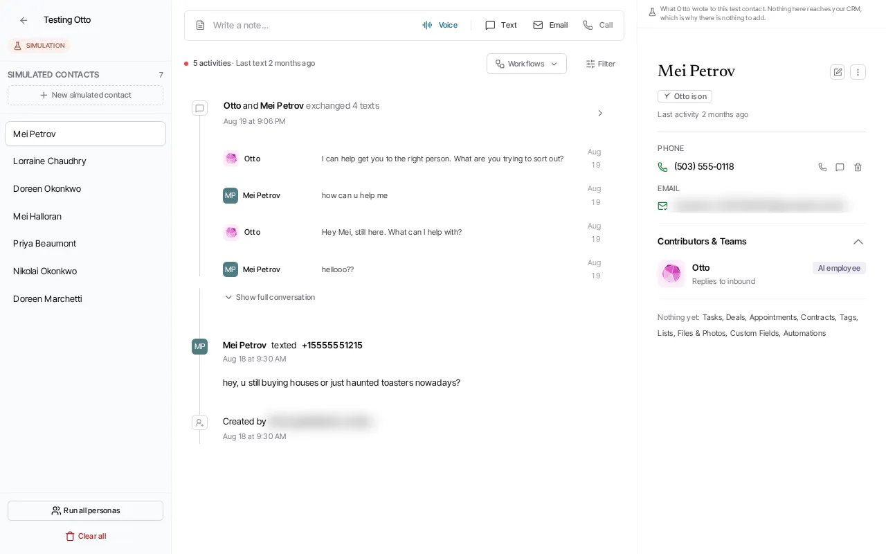 The AI Employee rehearsal view, which is visibly marked Simulation and separates simulated contacts from the CRM