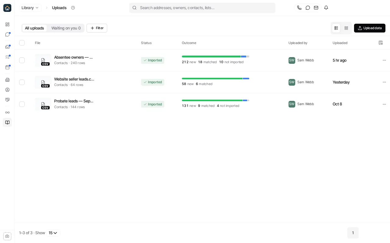 Library’s Uploads section, with the All uploads and Waiting on you tabs, Filter, Upload data, and each upload’s status and outcome.