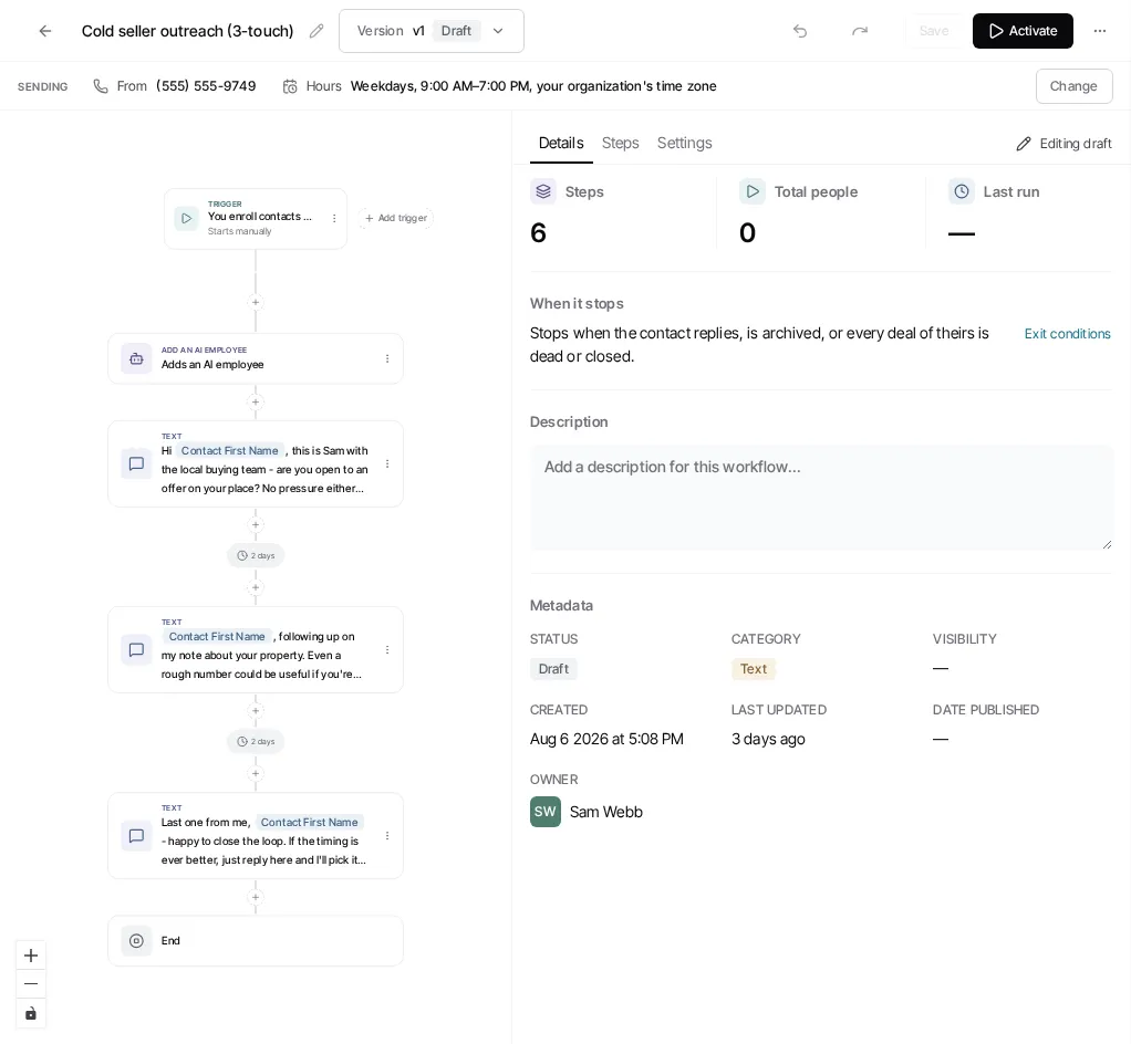 A workflow draft in the current editor, with its graph canvas, draft status, activation action, and Details, Steps, and Settings tabs