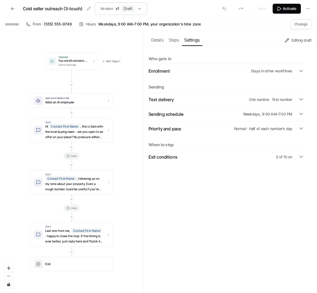 The current workflow editor’s Settings tab includes Enrollment, Exit conditions, Text delivery, Sending schedule, and Priority