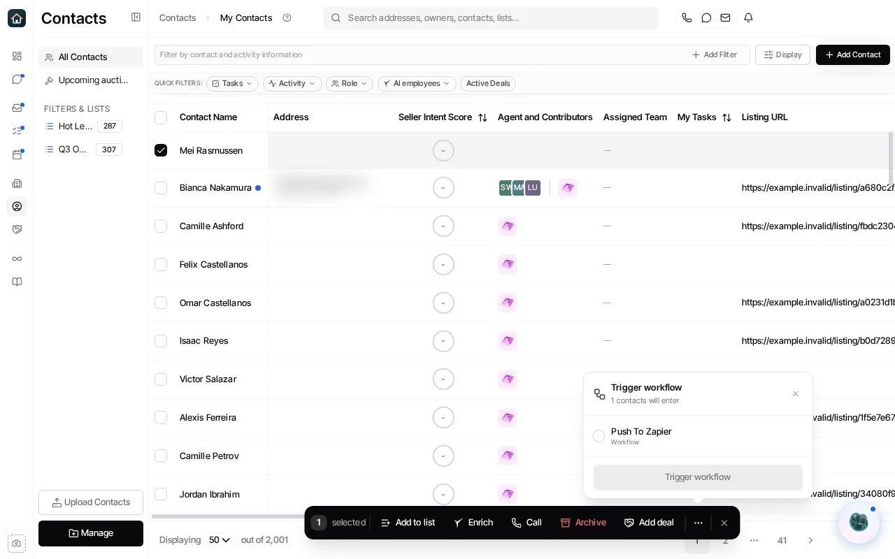 The contact bulk-action workflow picker before enrollment is submitted; this demo account shows the no-active-workflows state