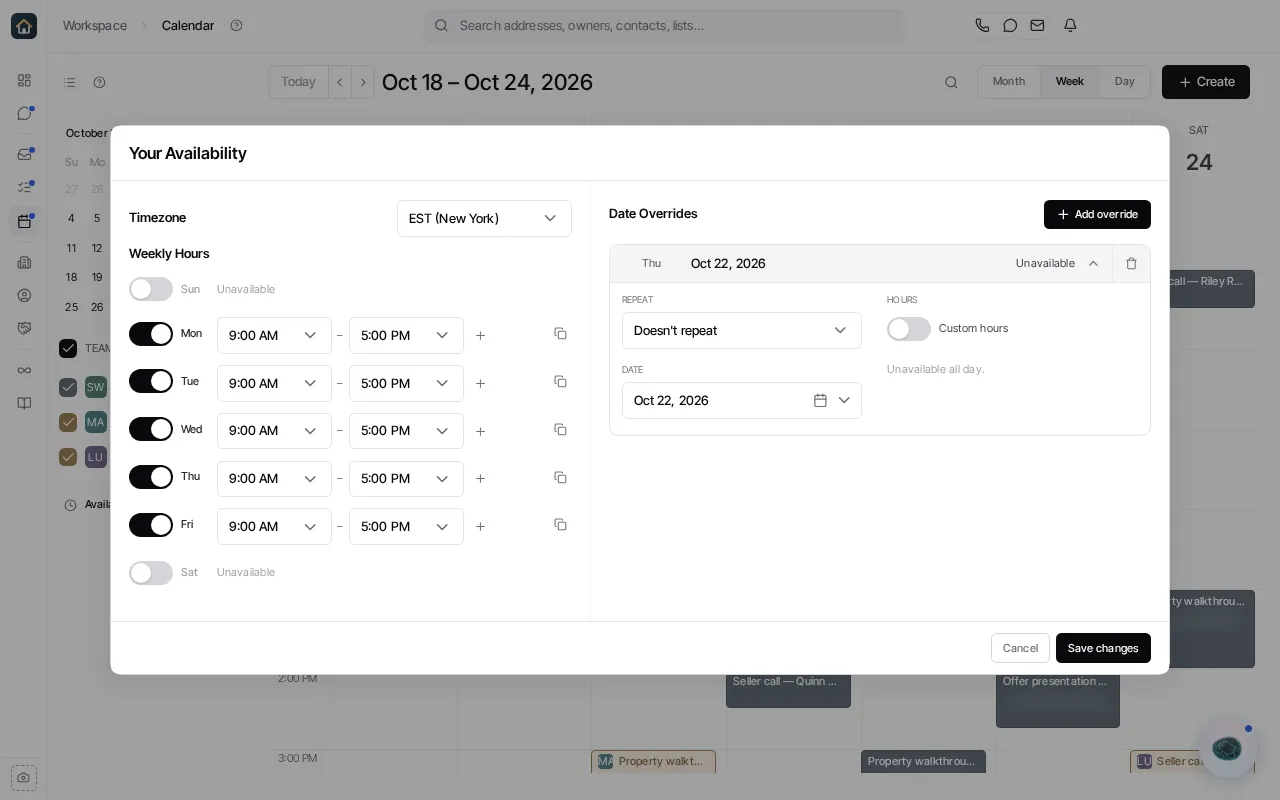 The current date-override editor includes a date, repeat setting, and custom-hours toggle