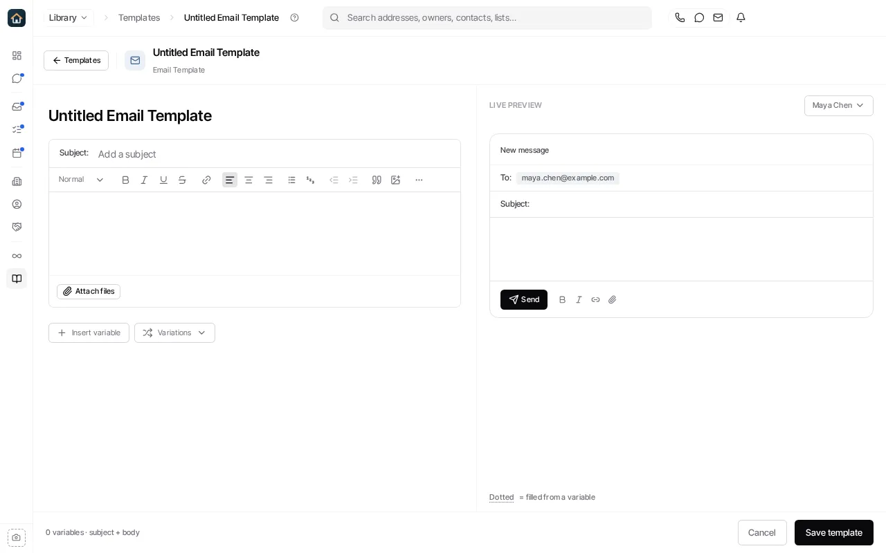 The Email Template editor, with Subject, the body, Attach files, Insert variable, a live preview, and Save template.