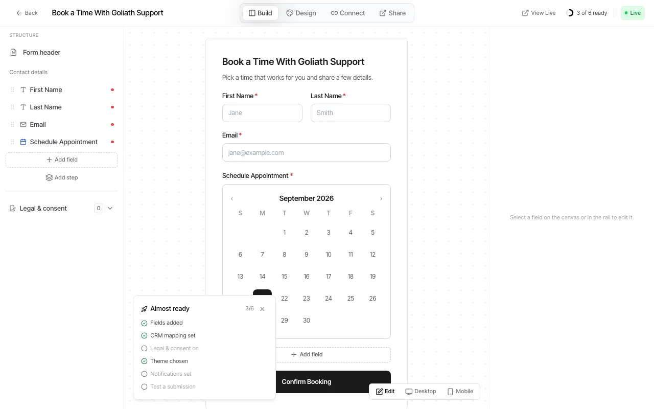 The current Build step, with the field rail, editable visitor preview, and readiness checklist.