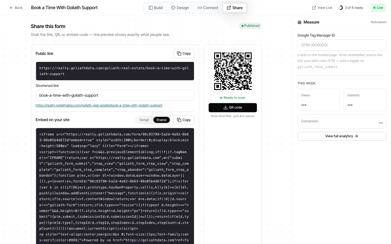 The current iframe embed option, including the snippet and its copy control.