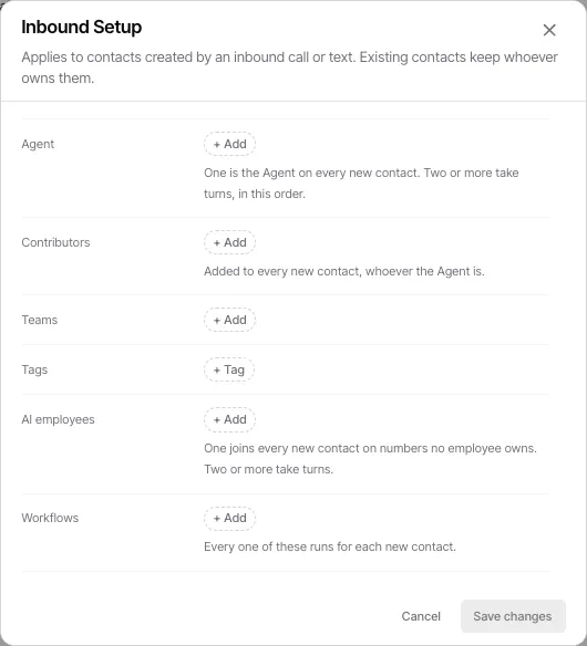 The current Inbound Setup dialog. It lets an administrator configure agents, contributors, teams, tags, AI employees, and workflows for contacts created by an inbound call or text.