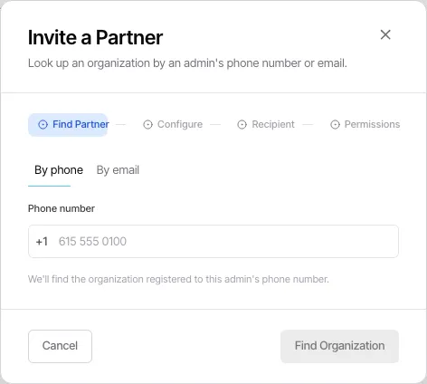 The current first invitation step. Find a partner organization by an administrator’s phone number or email before an invitation can be sent.