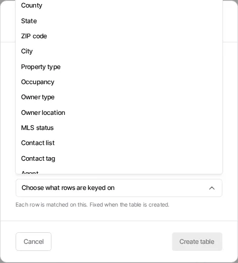 The current Keyed on selector, which offers the supported row keys without selecting one.
