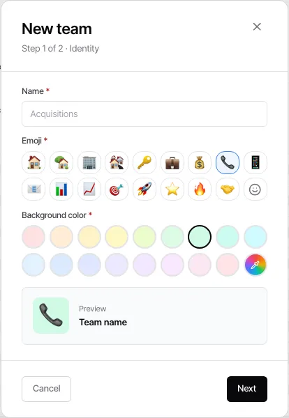 The first New team step, where you choose the team name, emoji, and background color before advancing.