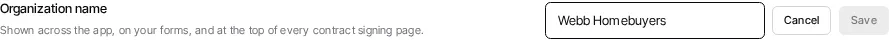The current inline organization-name editor, with Cancel and Save controls before any change is committed.