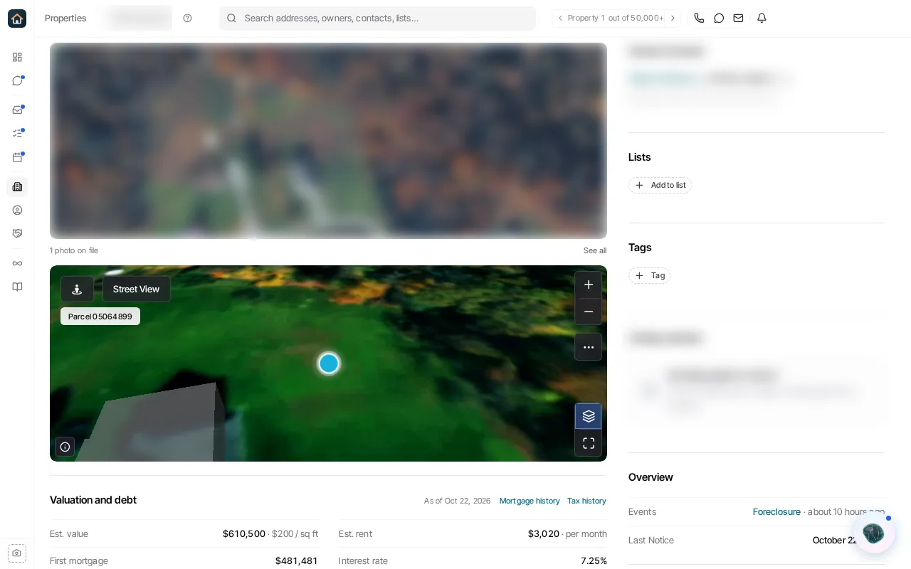 The Overview tab, with the map on the left and the Owner of record, Lists and Tags panels down the right.