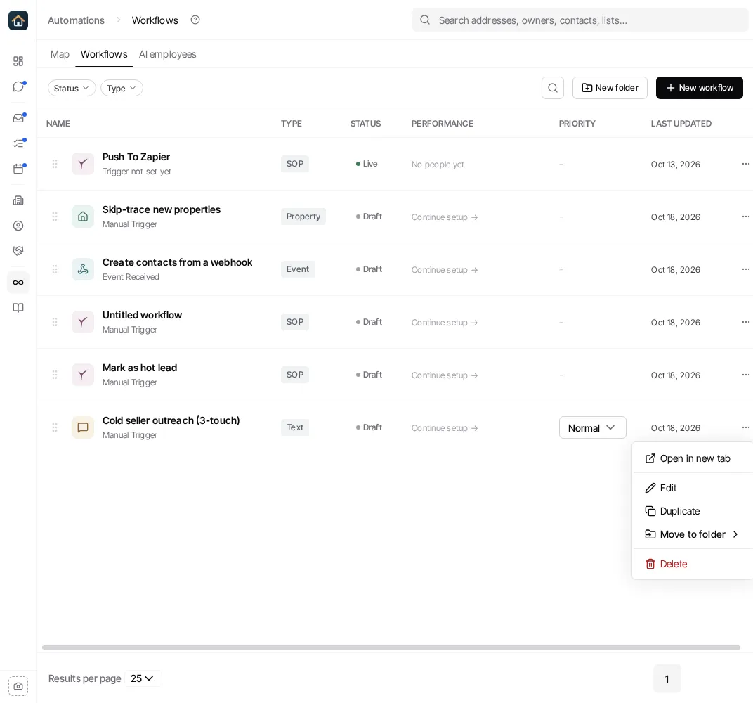 An existing workflow’s More actions menu, before any action is selected