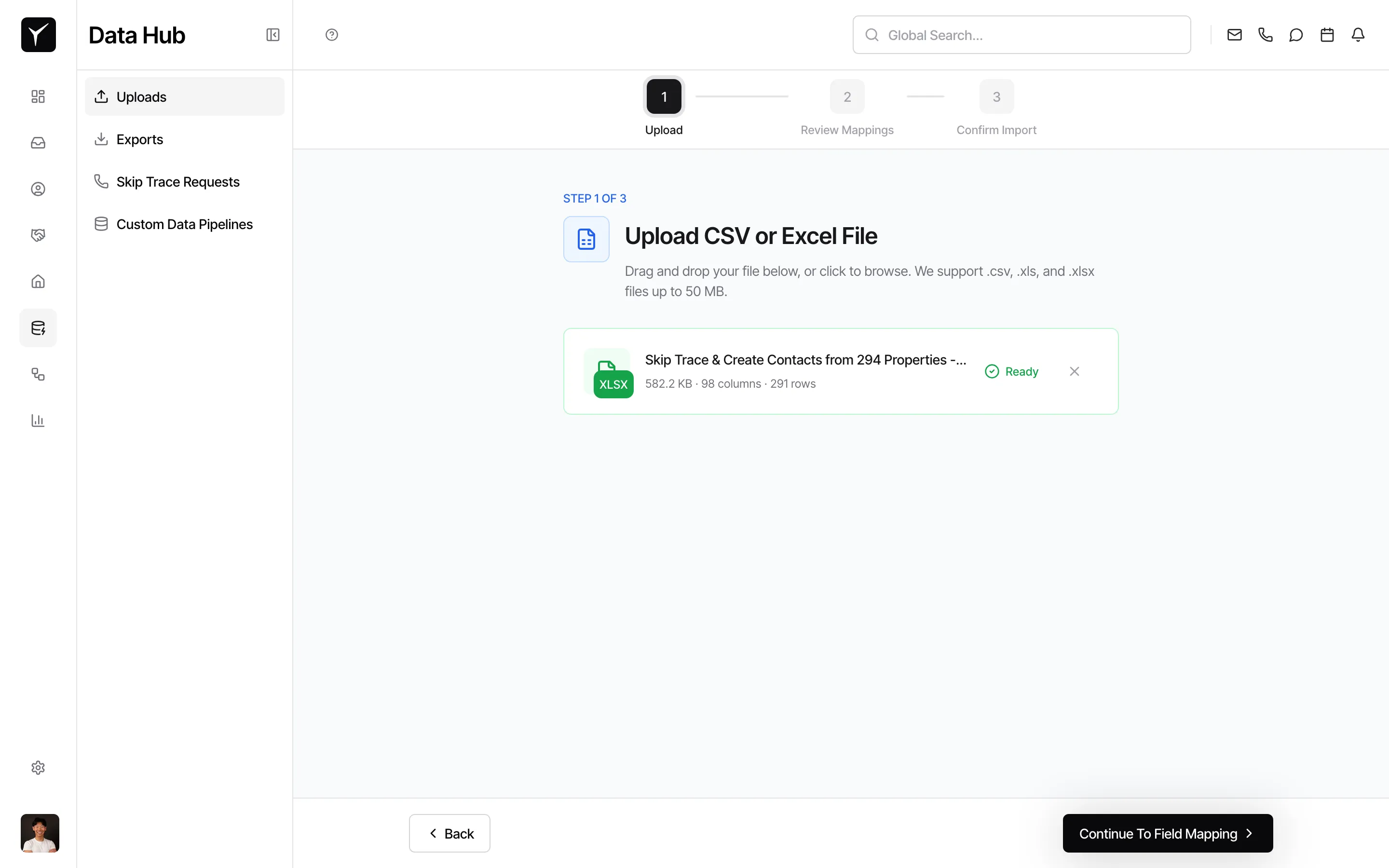 Step 1 of 3: Upload CSV or Excel file with a file ready to continue