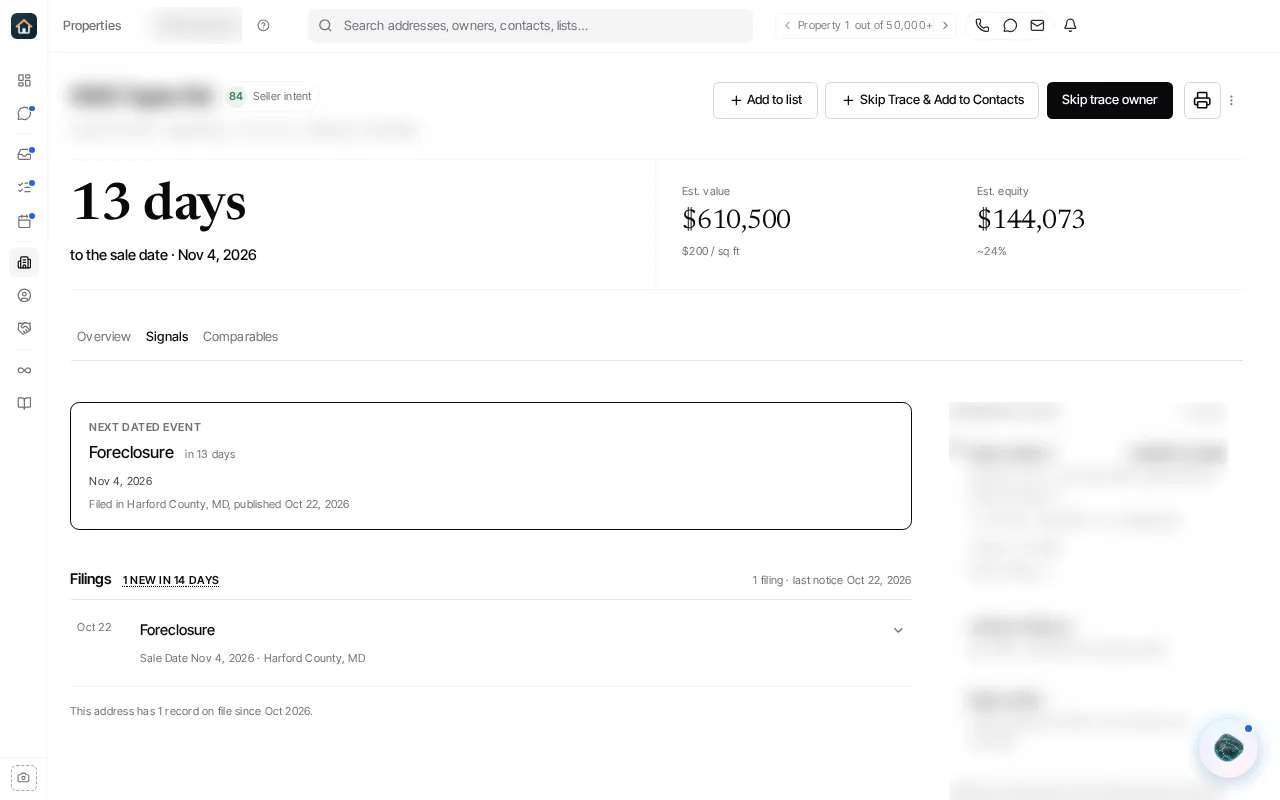 The Signals tab, showing the next dated event, the list of filings, and the ownership chain down the right.
