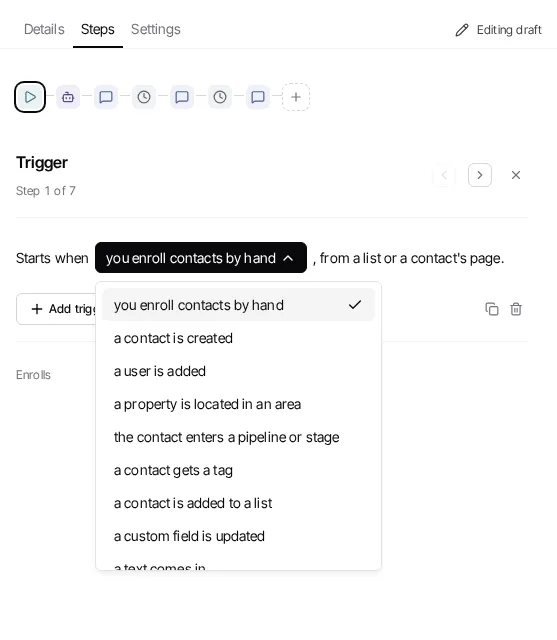 The Starts when menu of a contact workflow, open on the list of triggers