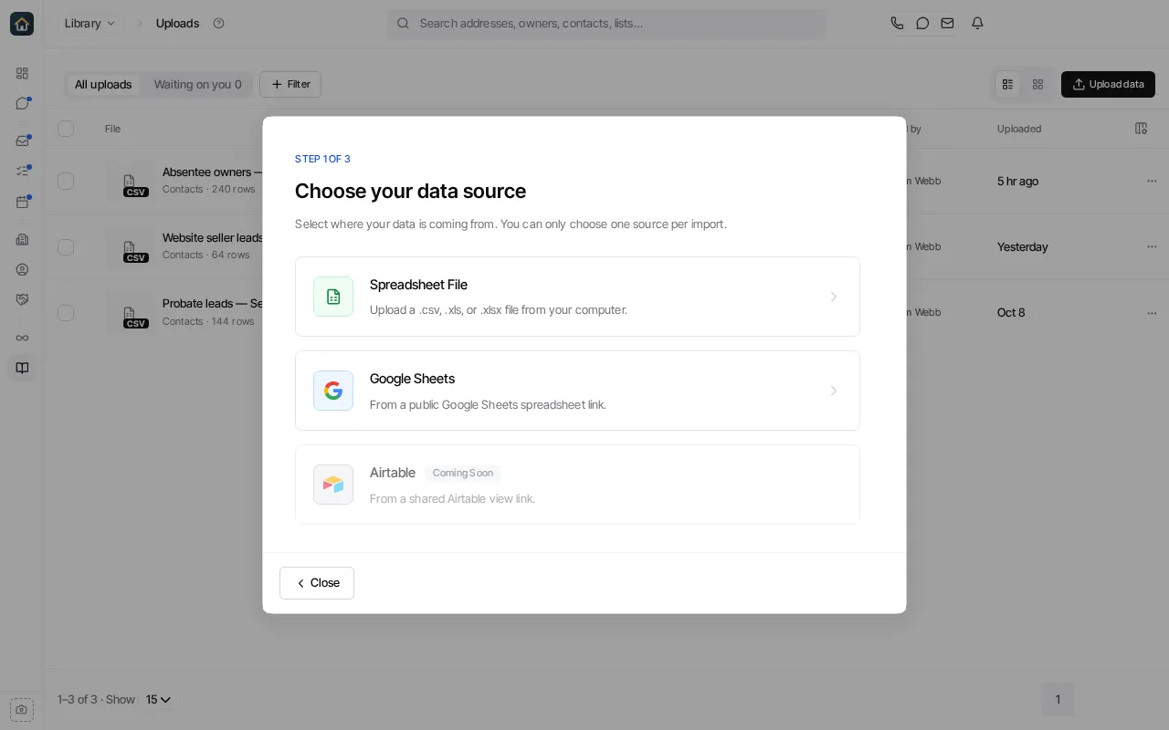 The import window that Upload data opens.