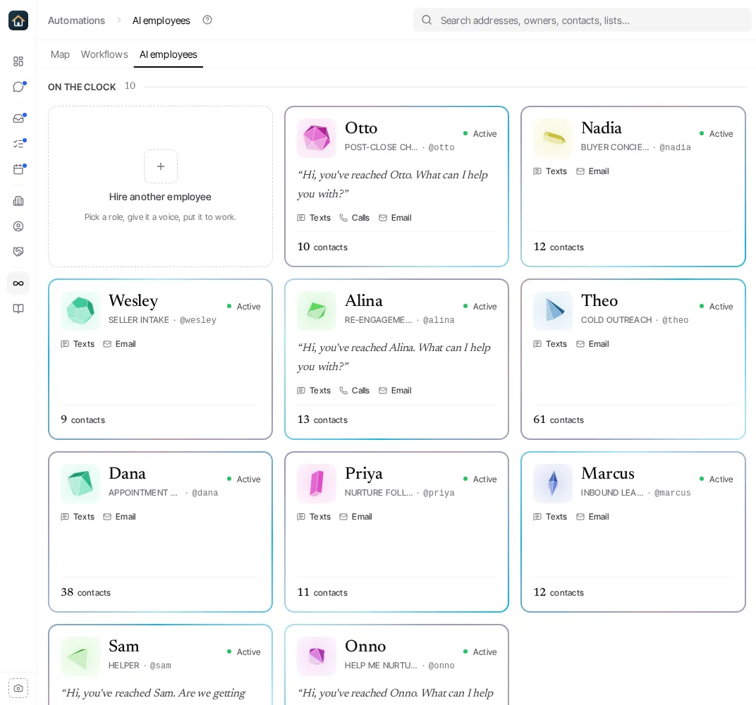 The AI employees tab of the Automations page, with the Hire another employee card and the employees on the clock