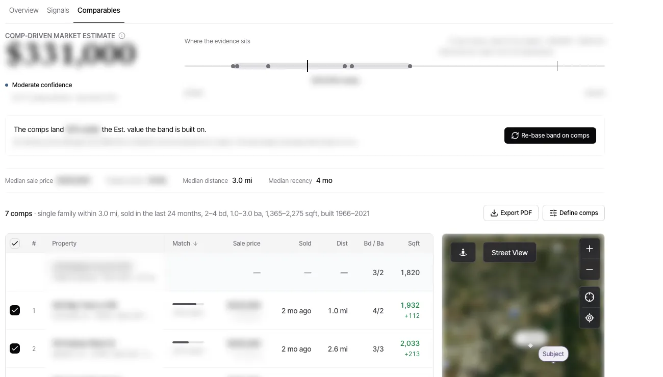 The Comparables tab, with the comp-driven estimate, the median figures, and the table of comparable sales beside its map.