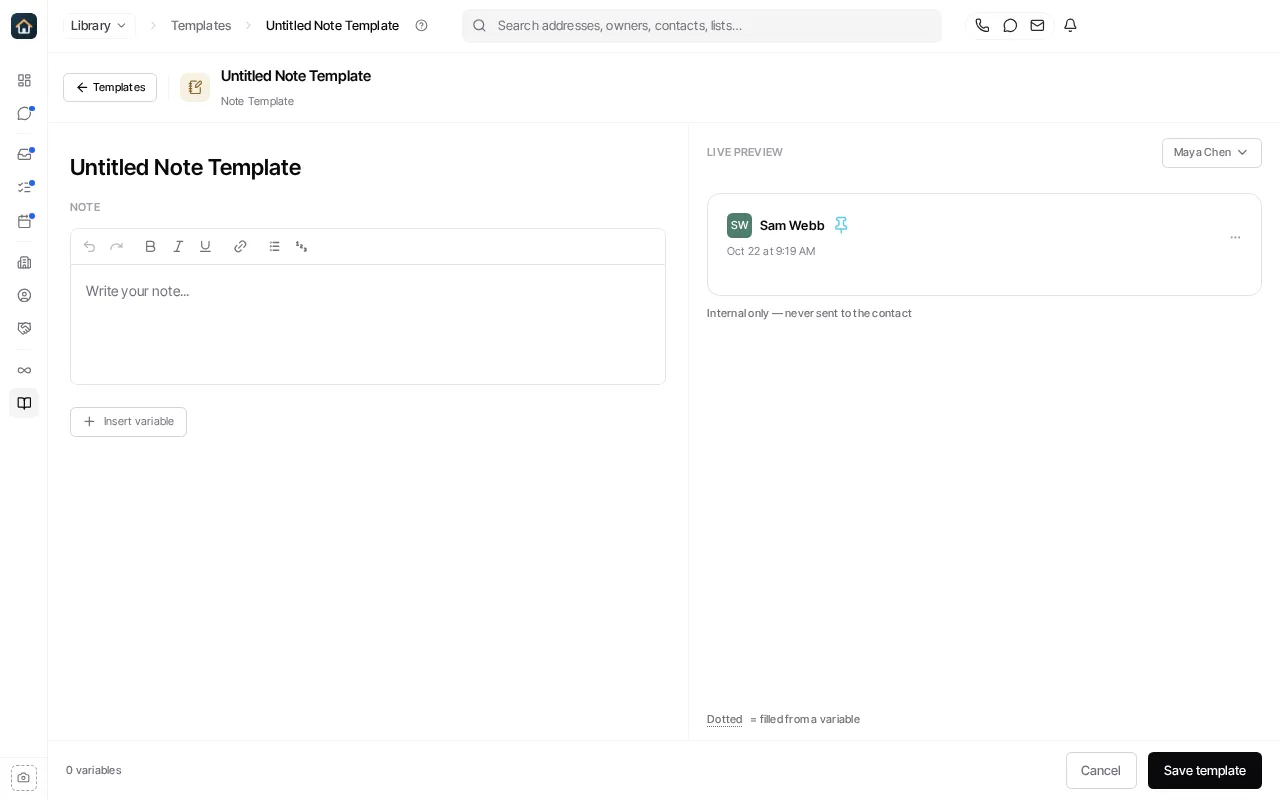 The Note Template editor, with the note field, Insert variable, a live preview, and Save template.