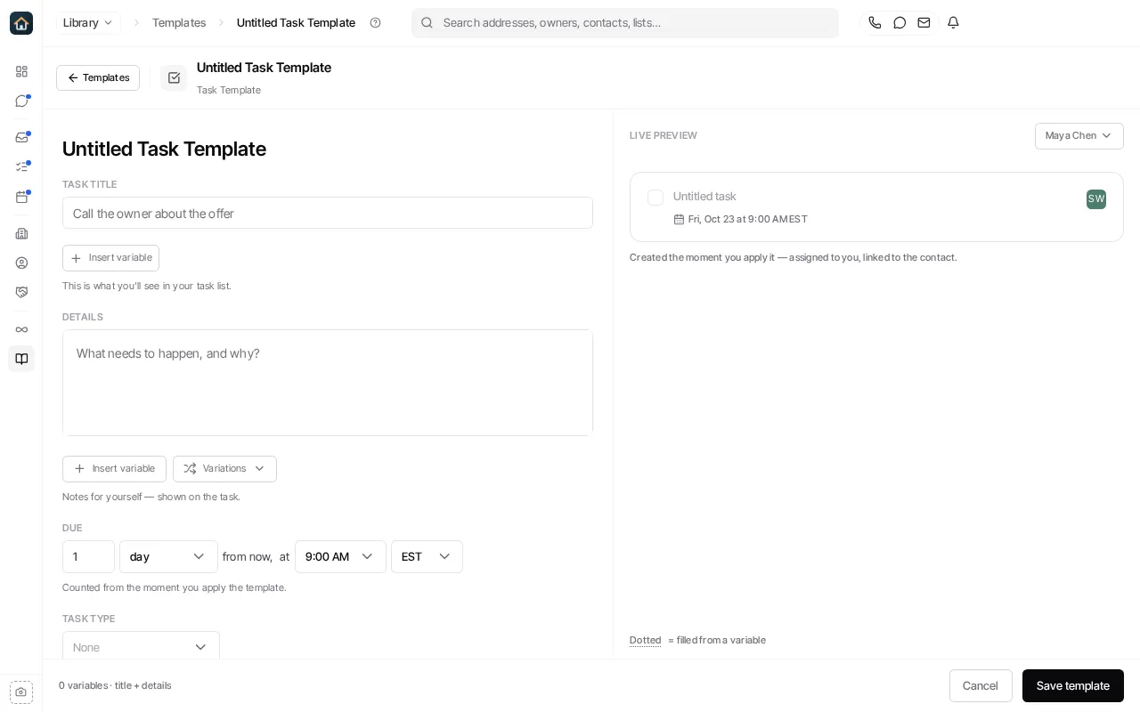 The Task Template editor, with Task title, Details, Due, Task type, a live preview, and Save template.