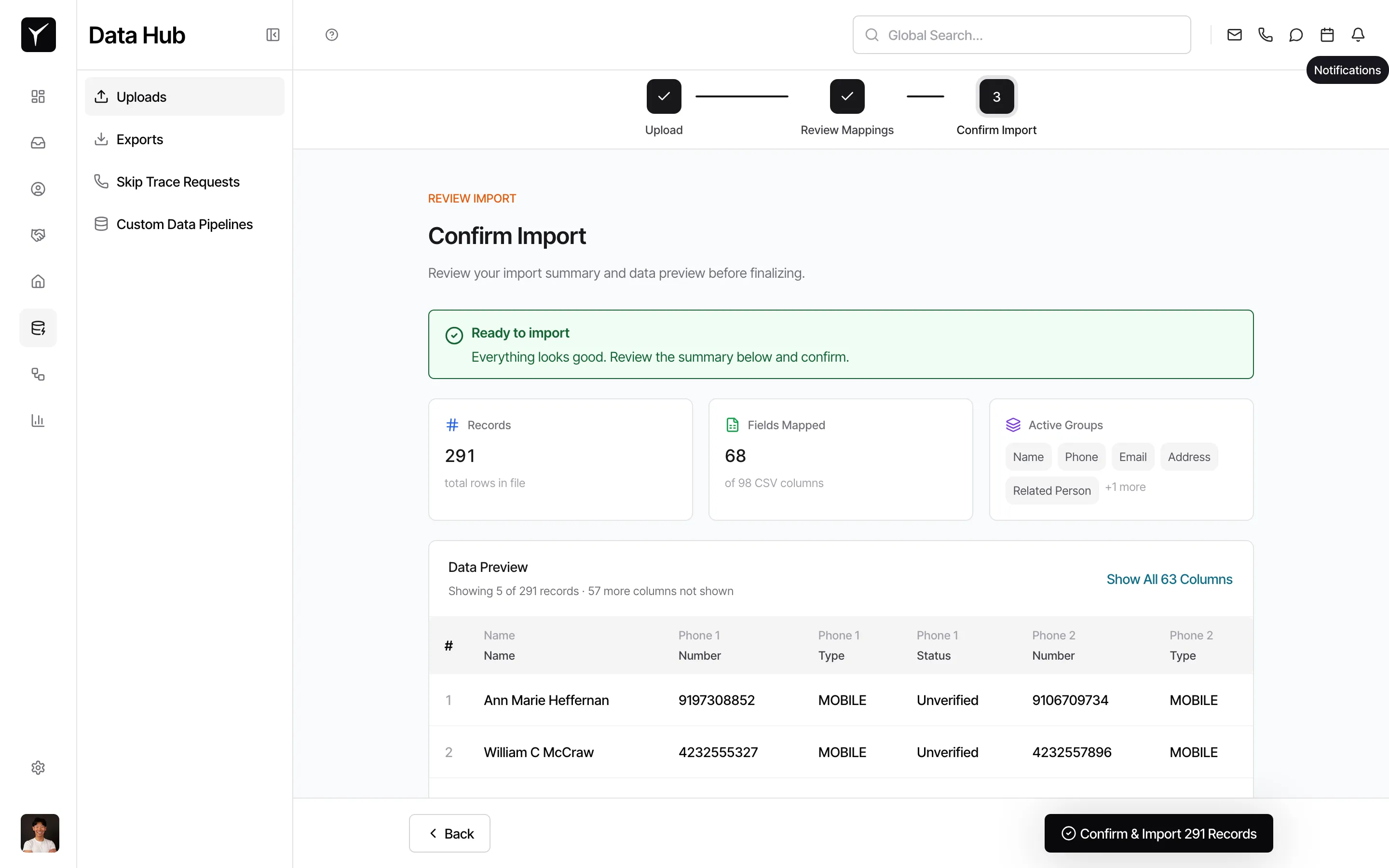 Step 3 of 3: Confirm Import screen with record count, mapped fields, and data preview