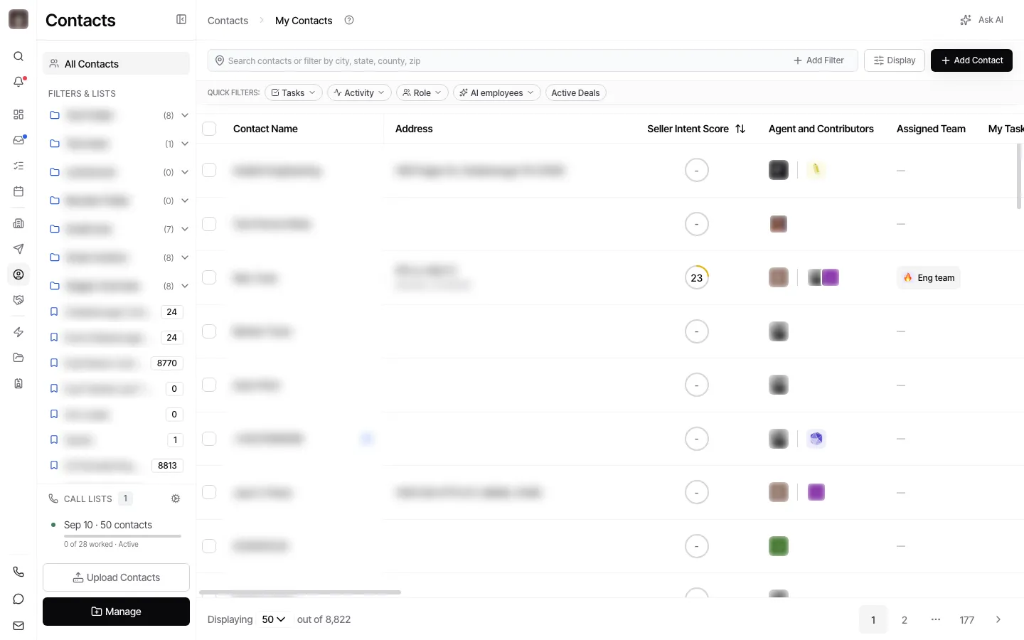 The Contacts page, with a Call lists section at the foot of the left panel below the folders and saved filters, holding one active list.