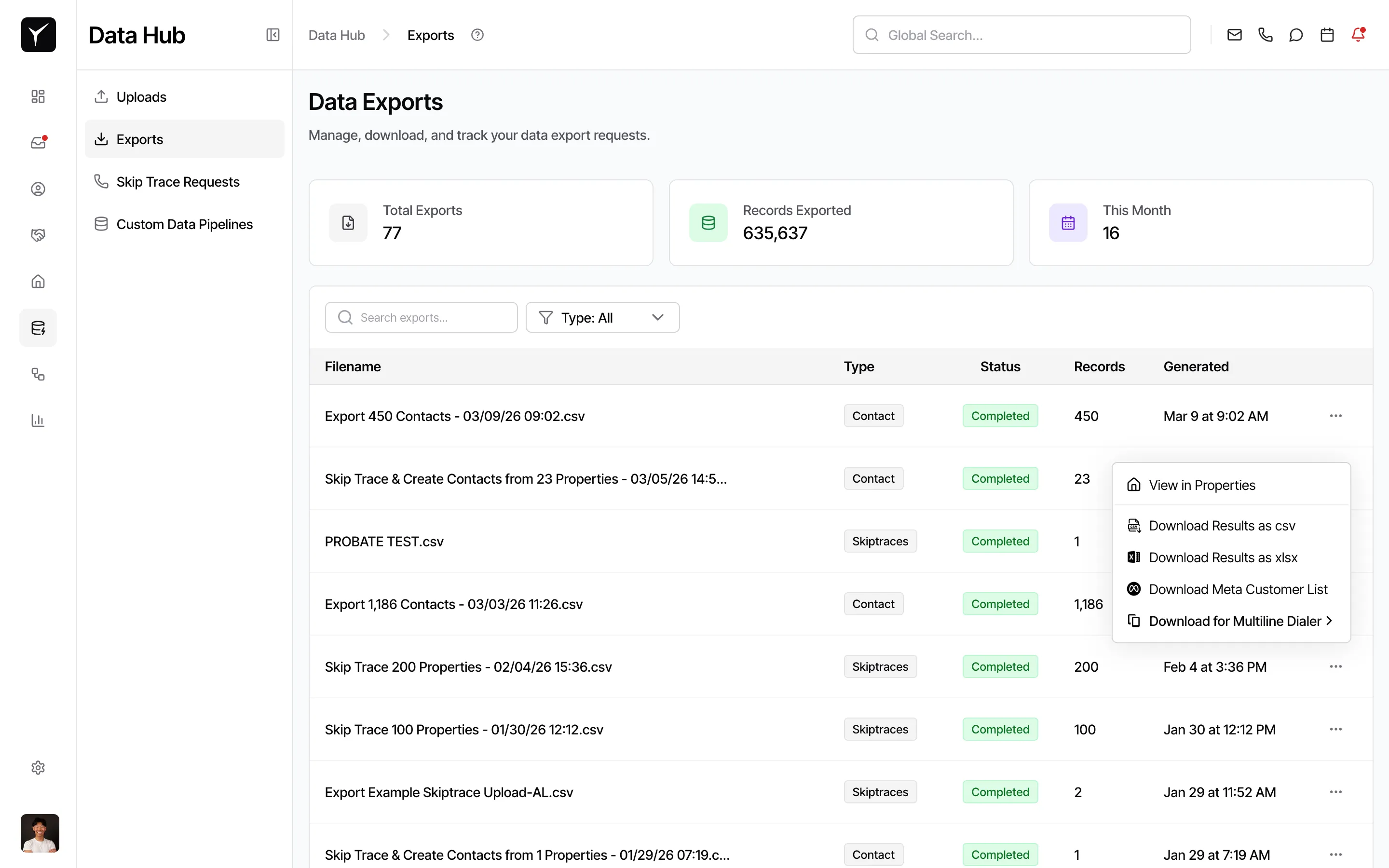 Export actions menu