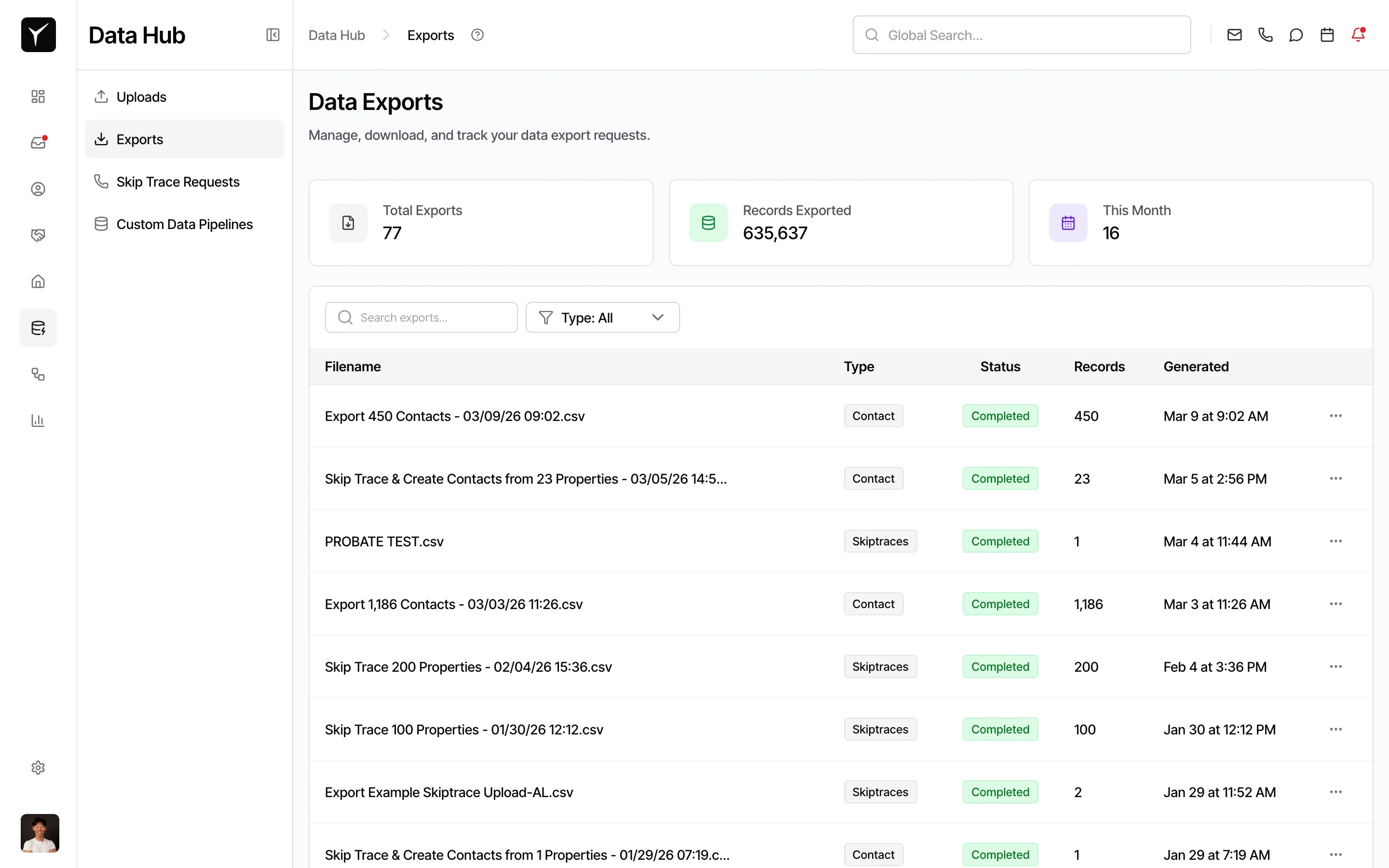 Exports page