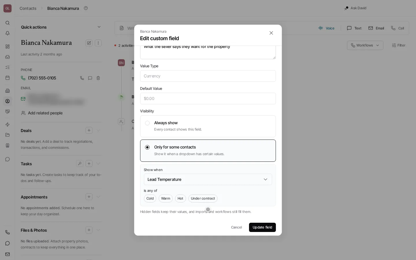 The Edit custom field screen with Visibility set to Only for some contacts, showing Show when Lead Temperature is any of Cold, Warm, Hot or Under contract.