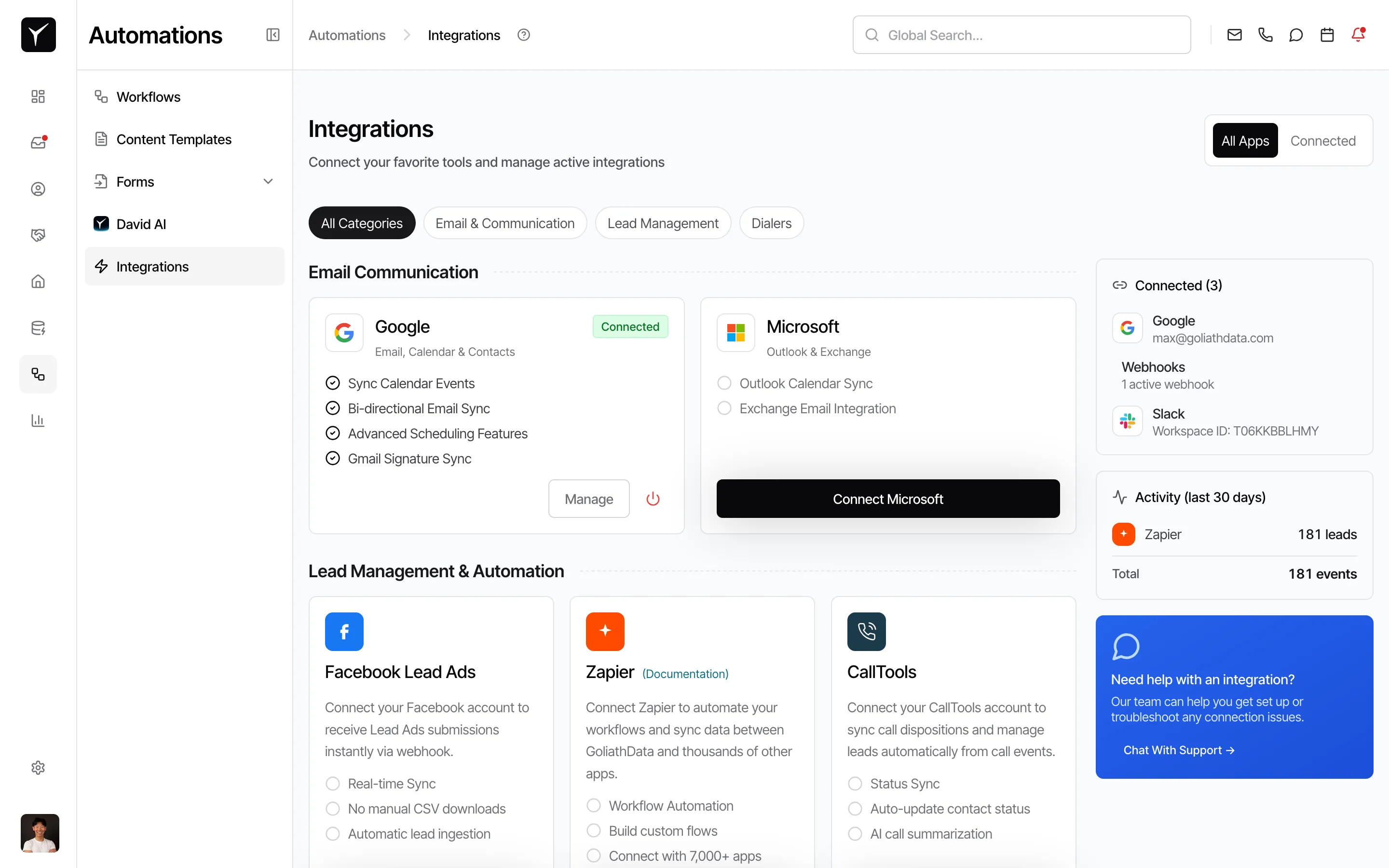 Integrations page
